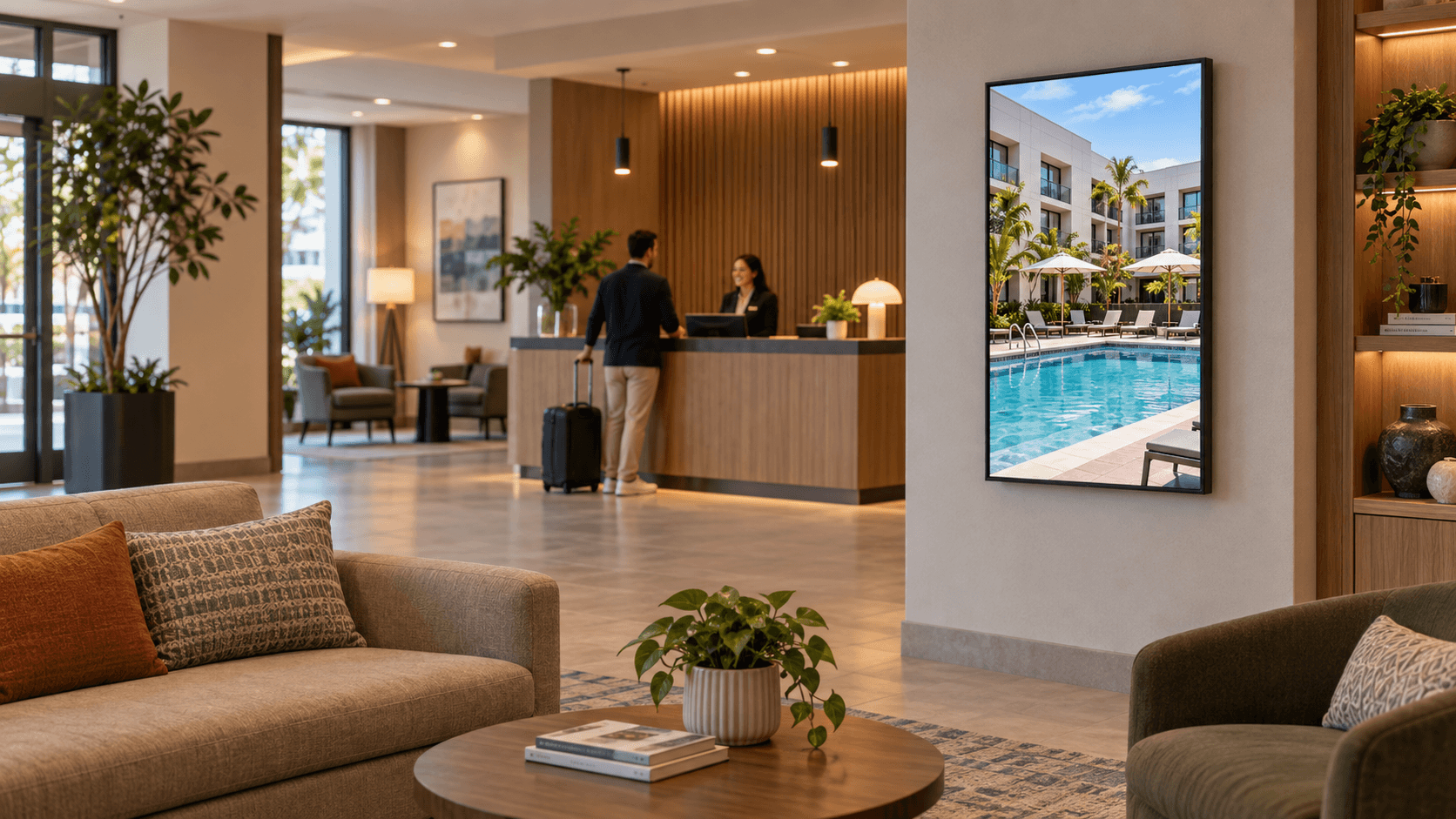 Una pantalla vertical en el lobby de un hotel mostrando la piscina y las zonas comunes