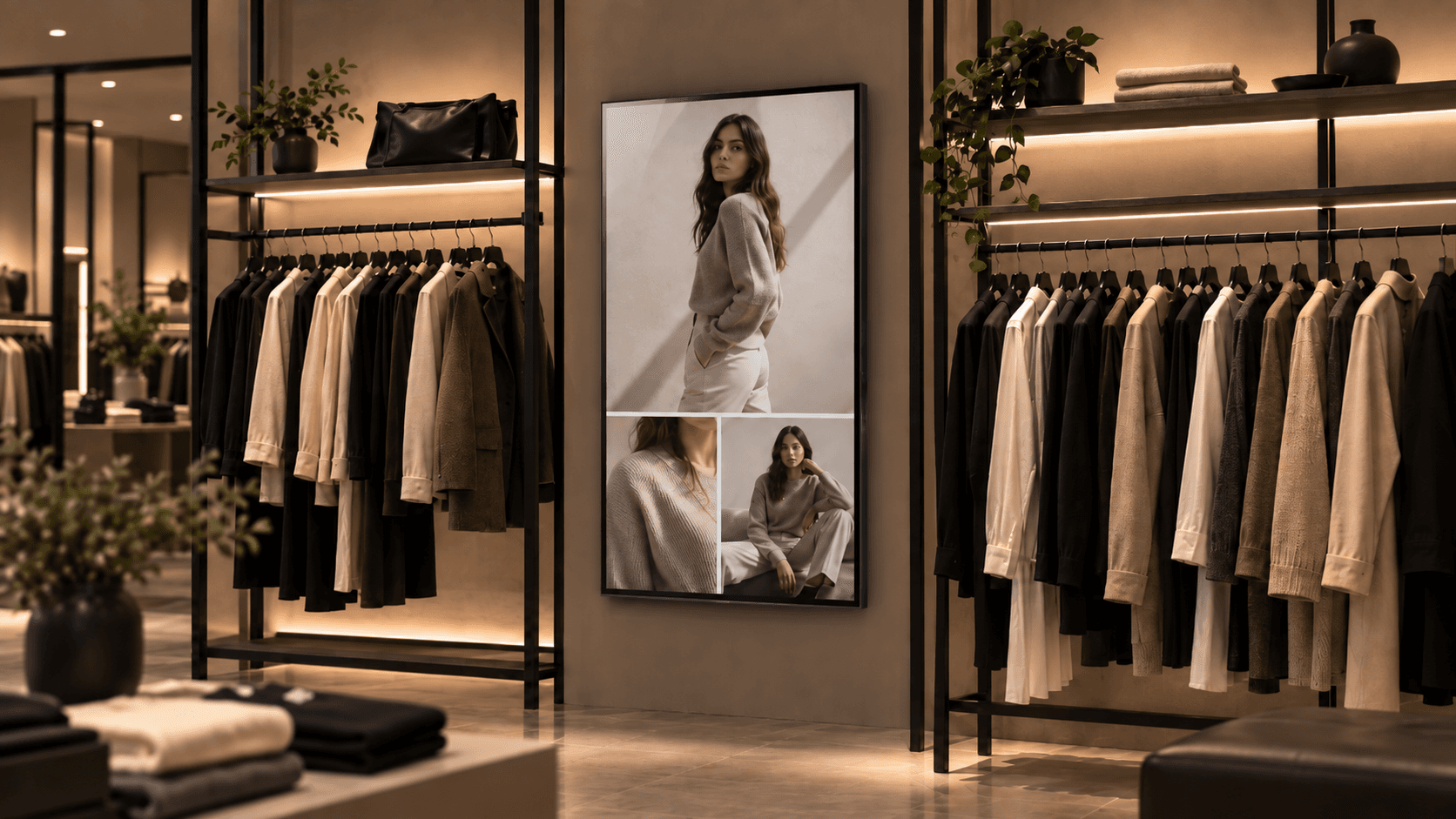 Una pantalla vertical en una tienda de ropa mostrando una campaña de la colección, entre los exhibidores