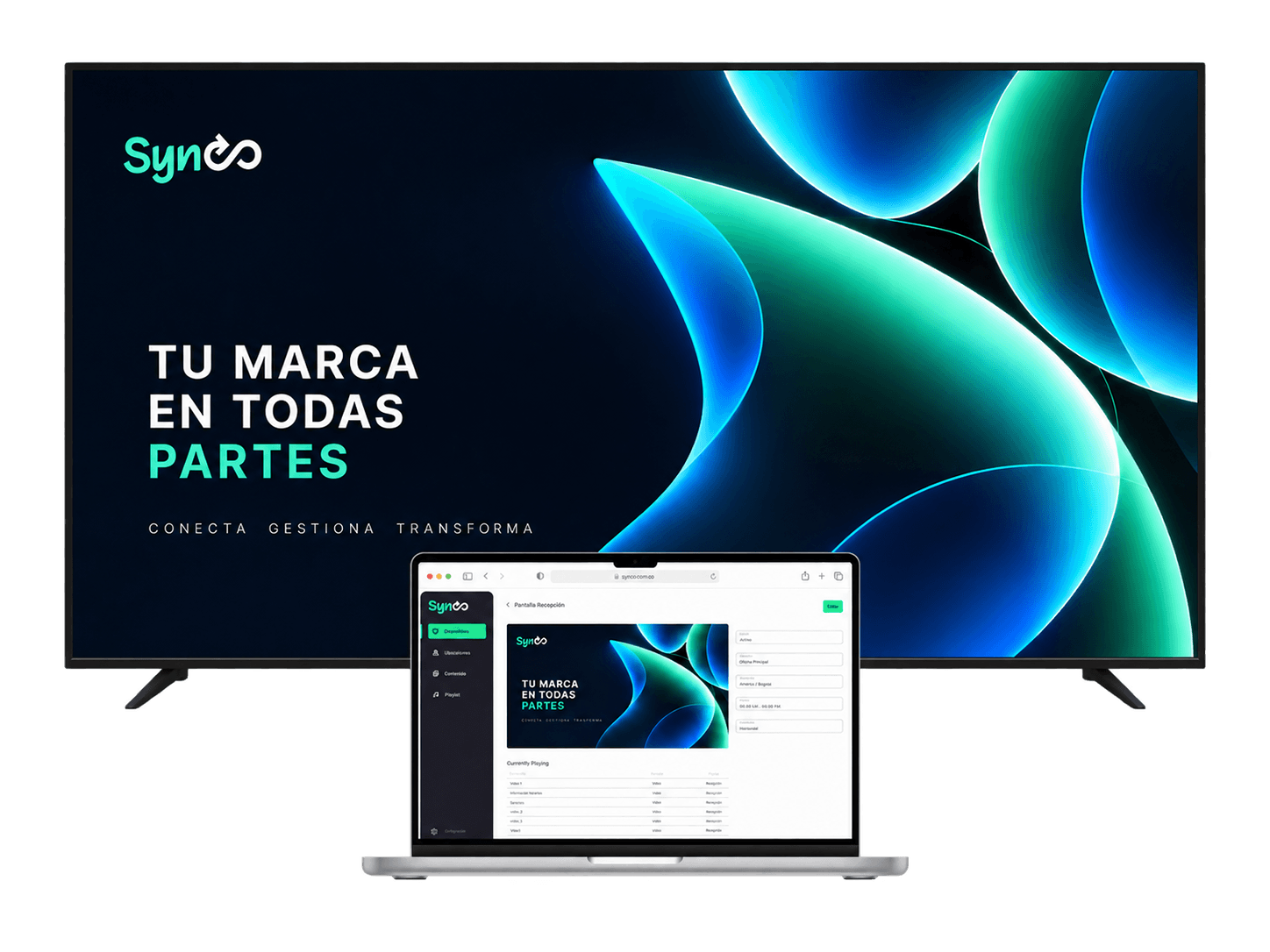 Un TV mostrando contenido de Synco y, frente a él, el panel de Synco abierto en un computador con esa misma pantalla