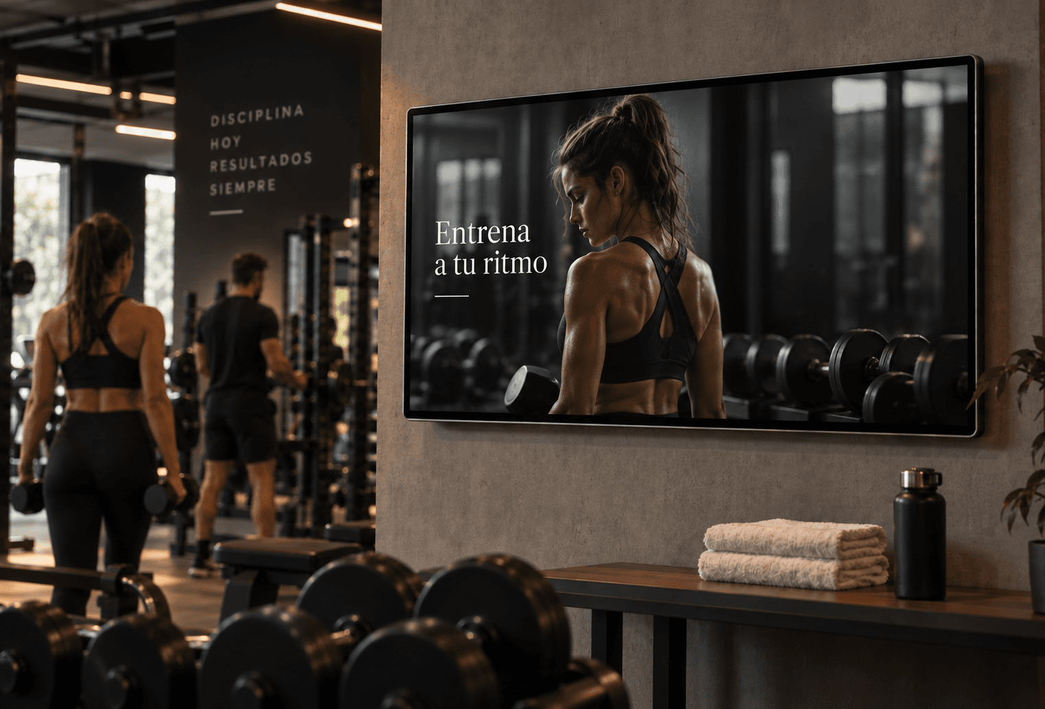 Una pantalla en un gimnasio mostrando una pieza de campaña, entre las máquinas y las mancuernas