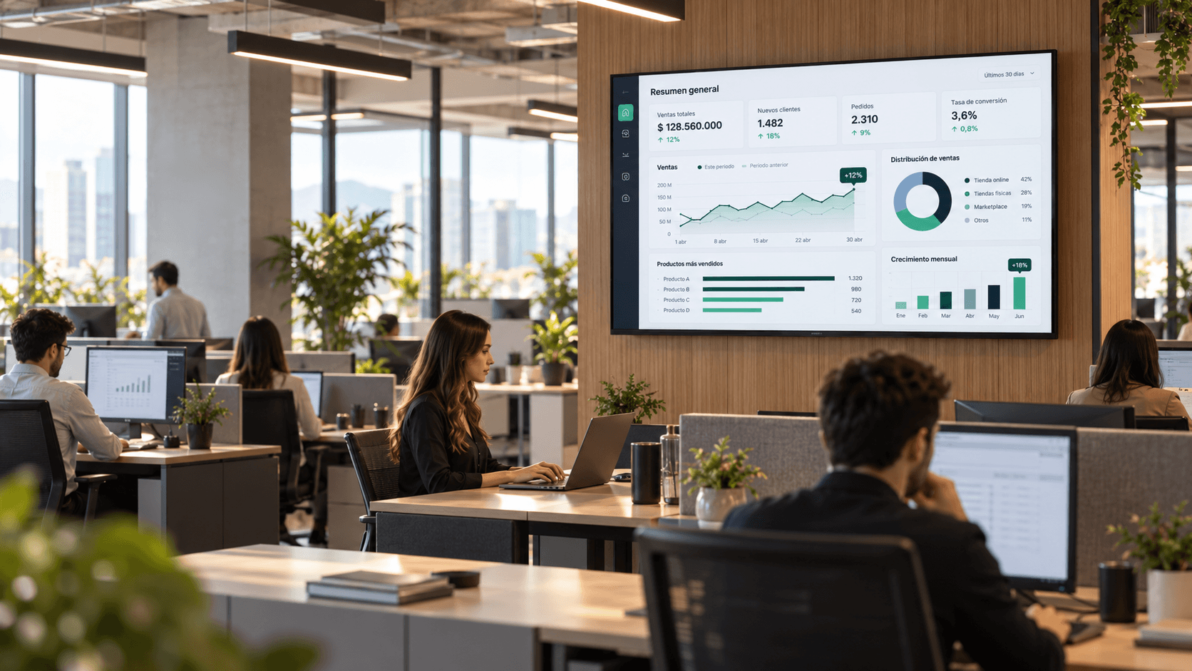 Una pantalla en una oficina de planta abierta mostrando un tablero con indicadores del negocio