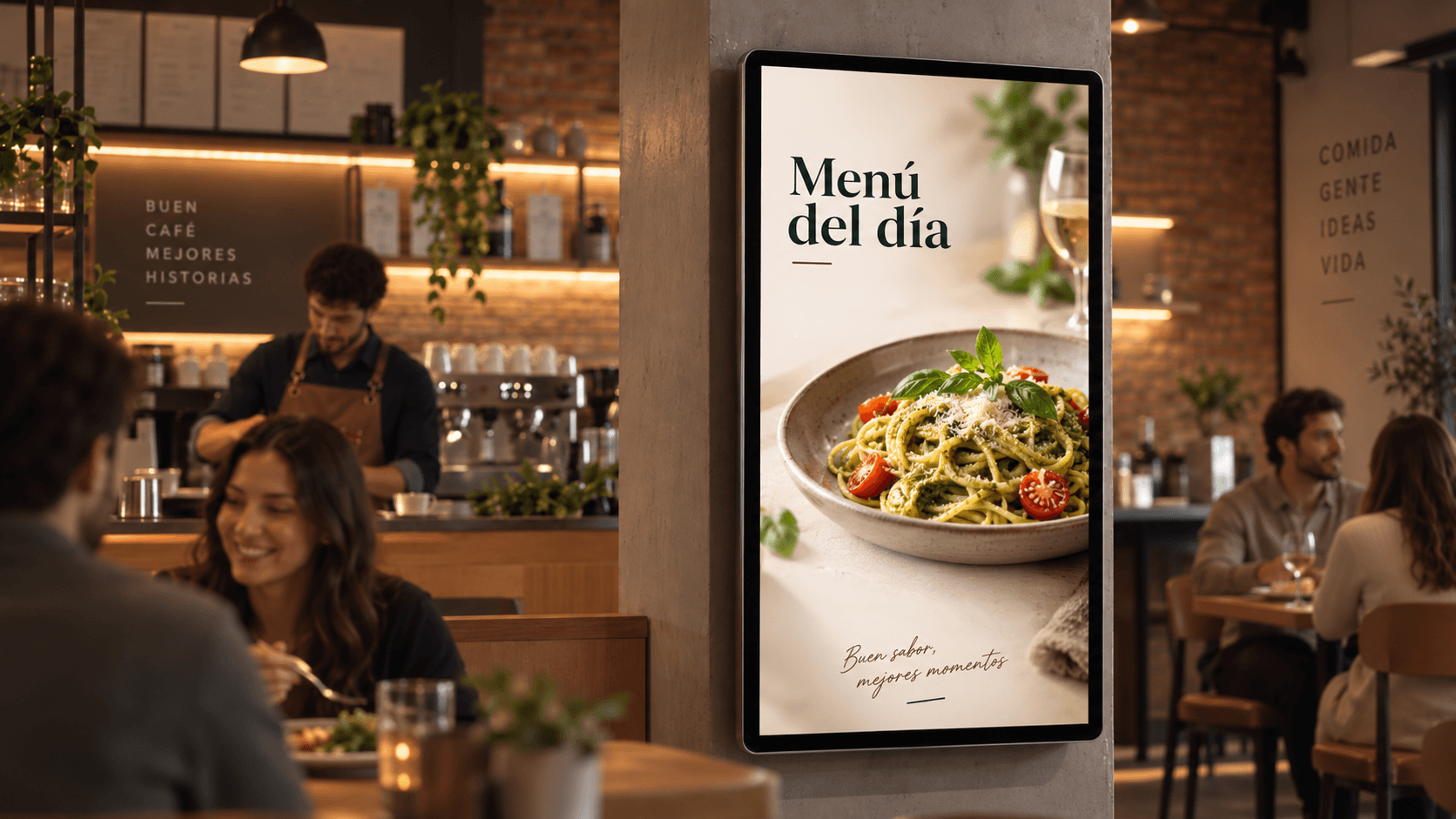 Una pantalla vertical en un restaurante mostrando el menú del día, con la barra y las mesas alrededor