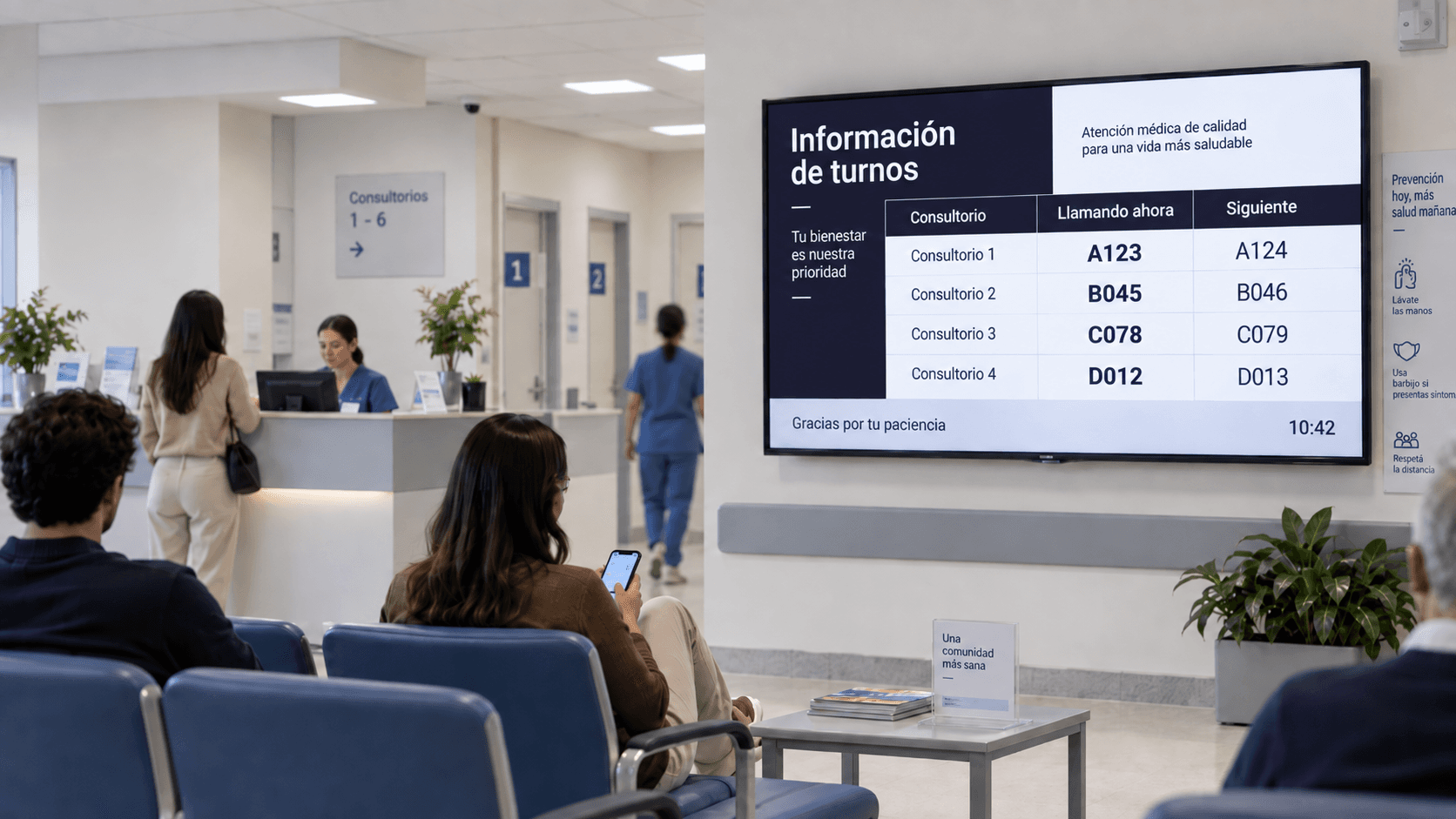 Una pantalla en la sala de espera de un centro médico mostrando la información de turnos por consultorio