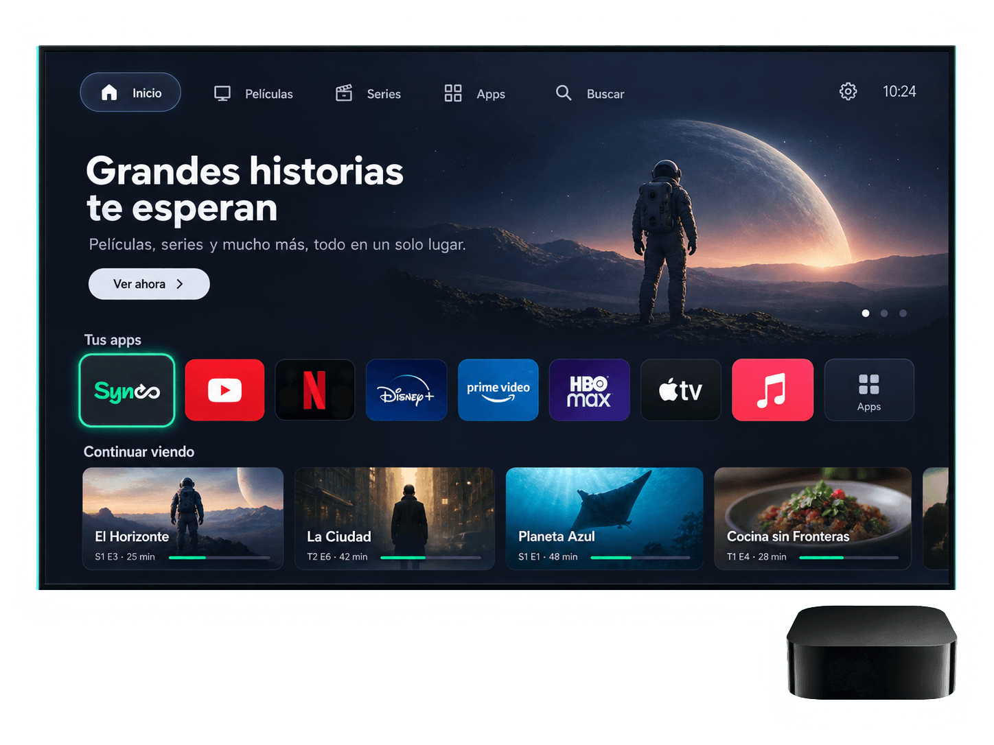 La pantalla de inicio de un Smart TV con la app de Synco entre las apps instaladas, lista para abrir